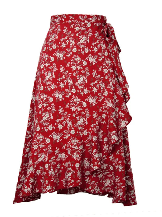 Lace-Up High Waist Floral Print Skirt For Women 2022 Summer Beach Boho Irregular A Line Casual Fairycore Midi Skirts Female